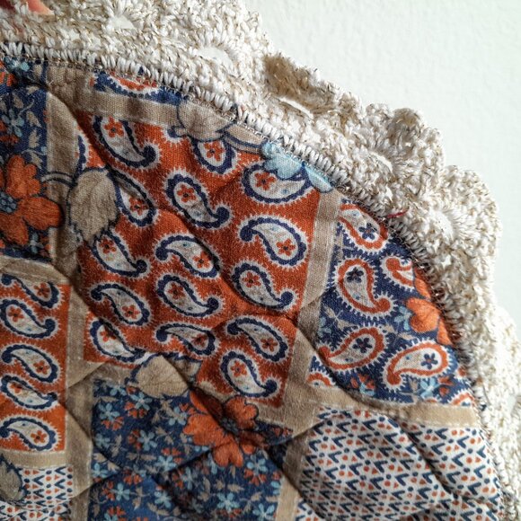 2/$20 Handmade Vintage Patchwork Placemats 19", Blue Orange Floral, Crochet Trim - Picture 2 of 5